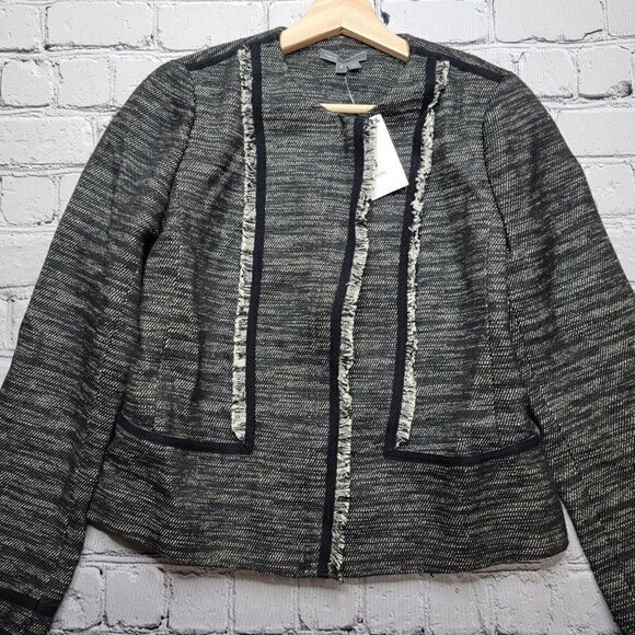 Vince Boucle Black White Leather Contrast Full Zip Jacket NWT Size 8 - Picture 2 of 13